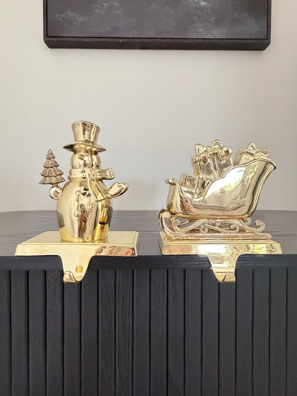 Pair of Vintage Brass Christmas Stocking Hangers Snowman and Sleigh